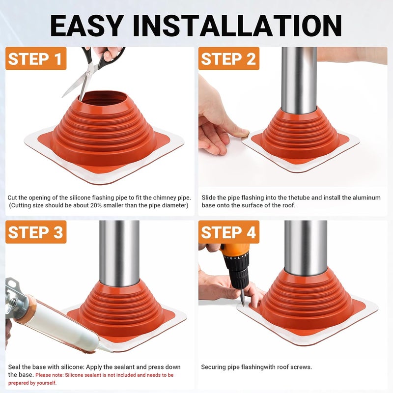 Aothotop #7 High Temp Silicone Metal Roof Pipe Flashing Boot - Roof Vent Boot for Pipe OD 6" to 11" - Square Base 14" x 14" - Roof Vent Cover for Stove Pipe & Plumbing Vents with Roofing Screws & Hex Socket - Image 4